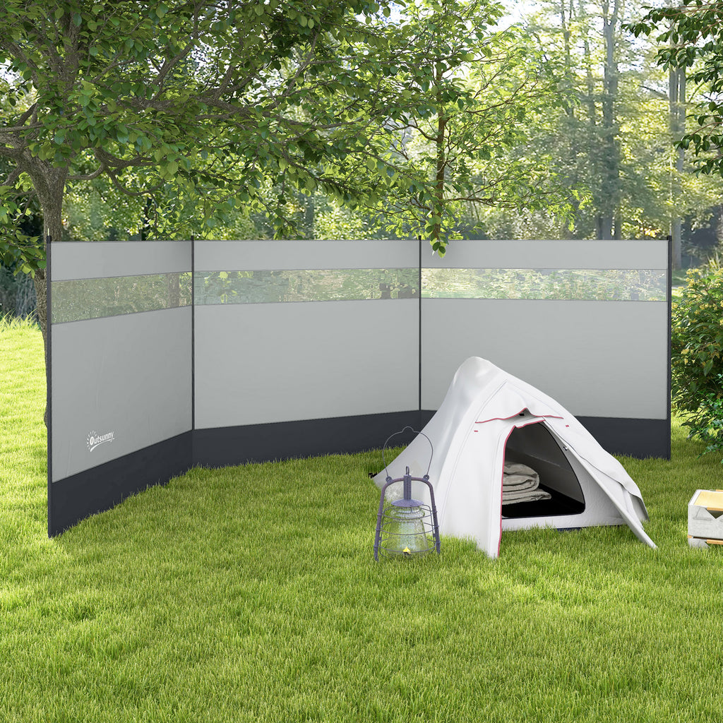 Camping Windbreaker with Clear Windows, Carry Bag and Steel Poles, for Beach Caravan Campervan, 440 x 140cm, Grey