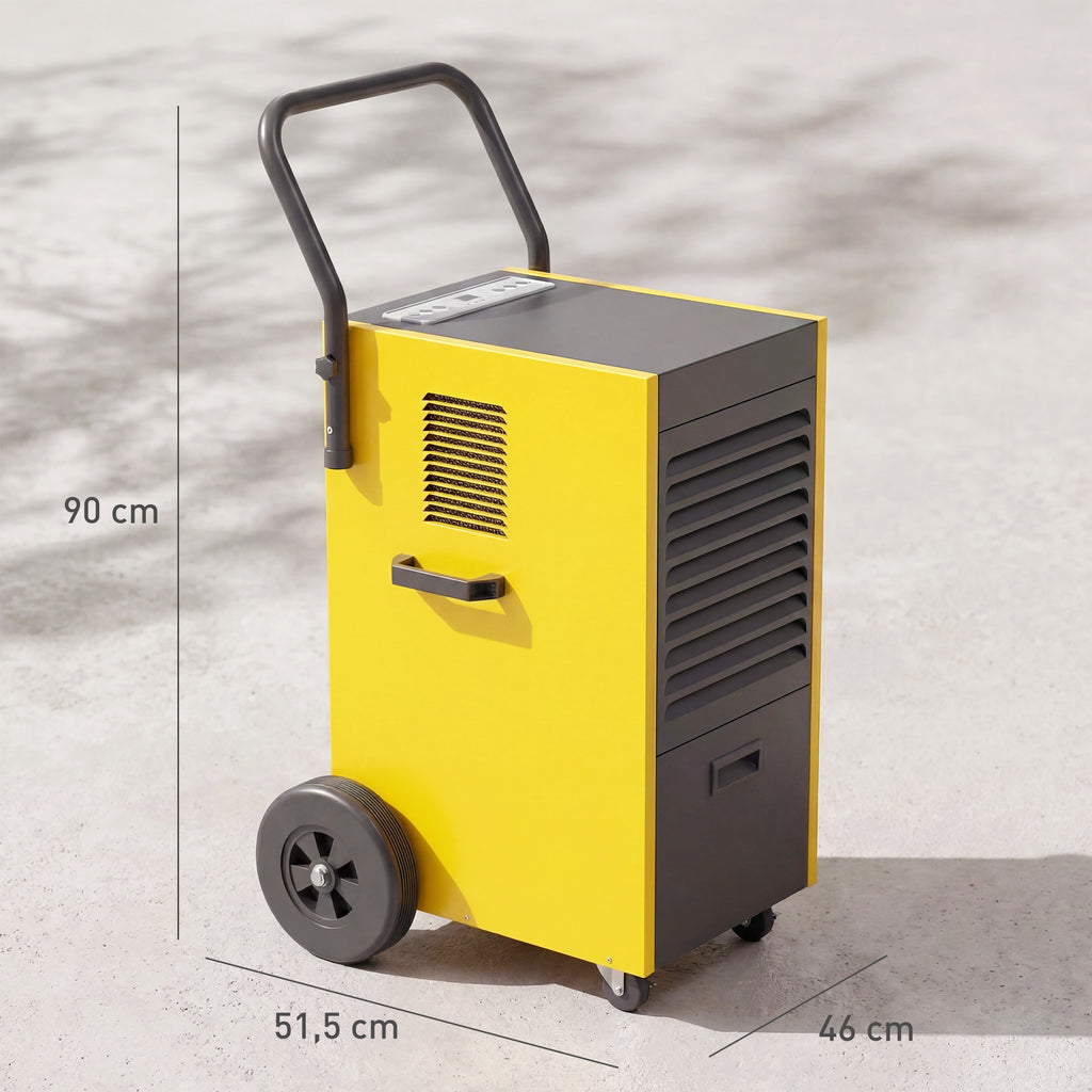Gewerbe-Luftentfeuchter 70L/Tag mit Rädern und Griff, kontinuierlicher Ablaufschlauch, 24-Stunden-Timer, 5,5L Tank, Gelb