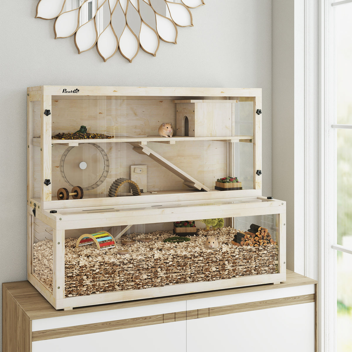 Wooden Hamster Cage with Hut, Wheel, Ramps, Removable Viewing Panels, 100 x 50 x 84 cm, Natural Wood