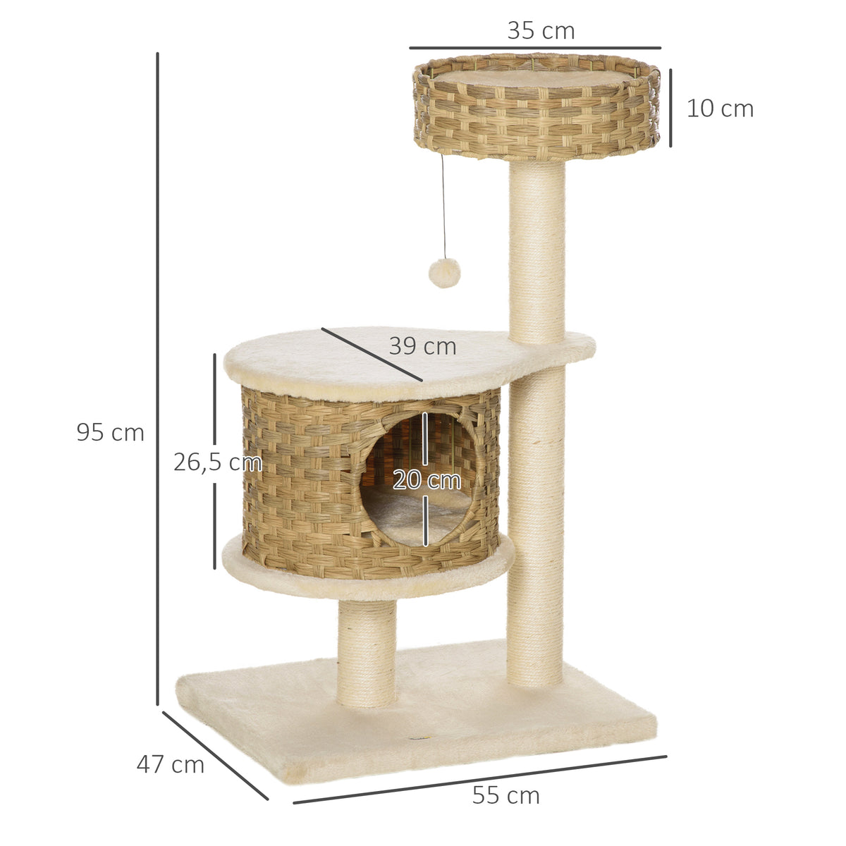  Kratzbaum 95 cm Katzenturm mit Höhle, Spielball, Sisalstämme, große Plattform, mehrstöckiger Katzenkratzbaum, Kletterbaum, für Katzen unter 5 kg, Natur+Beige