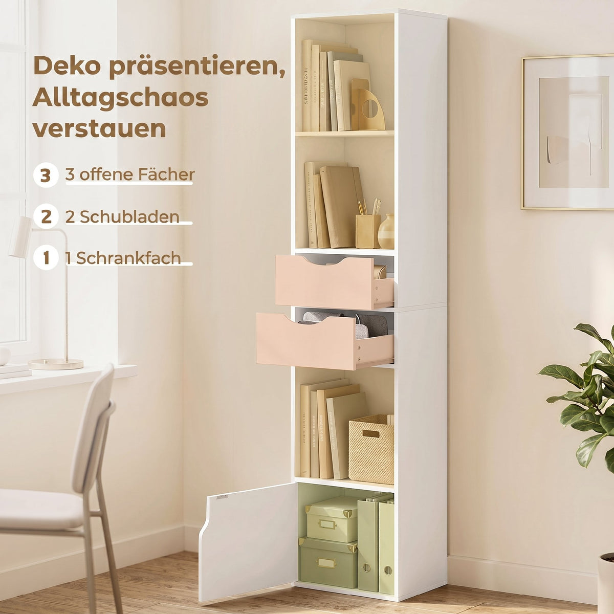 Bücherregal mit 2 Schubladen, Schmal, für Büro, 30x24x158cm Weiß