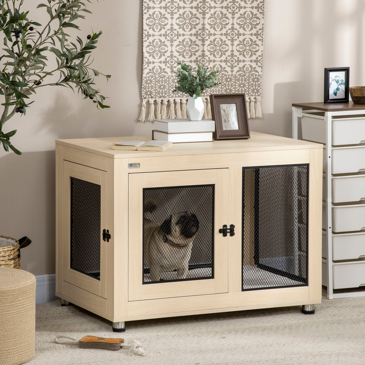 Hundebox Hundekäfig, Modernes Design, verriegelbar, 2 Türen, 94 cm x 60 cm x 71,5 cm, Natur + Schwarz