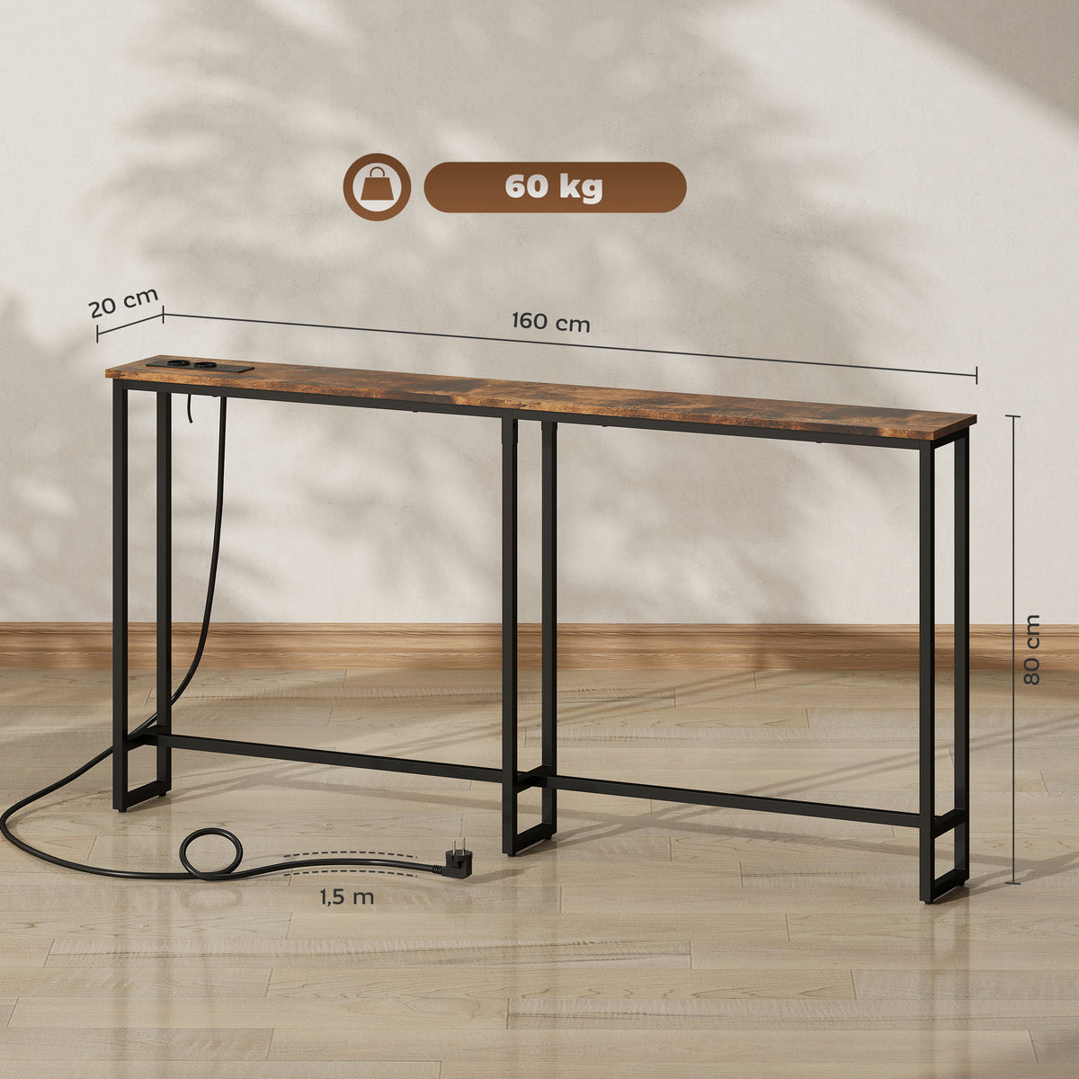 Schlanker Konsolentisch mit Ladestation, Industriestil, Stahlrahmen, Braun
