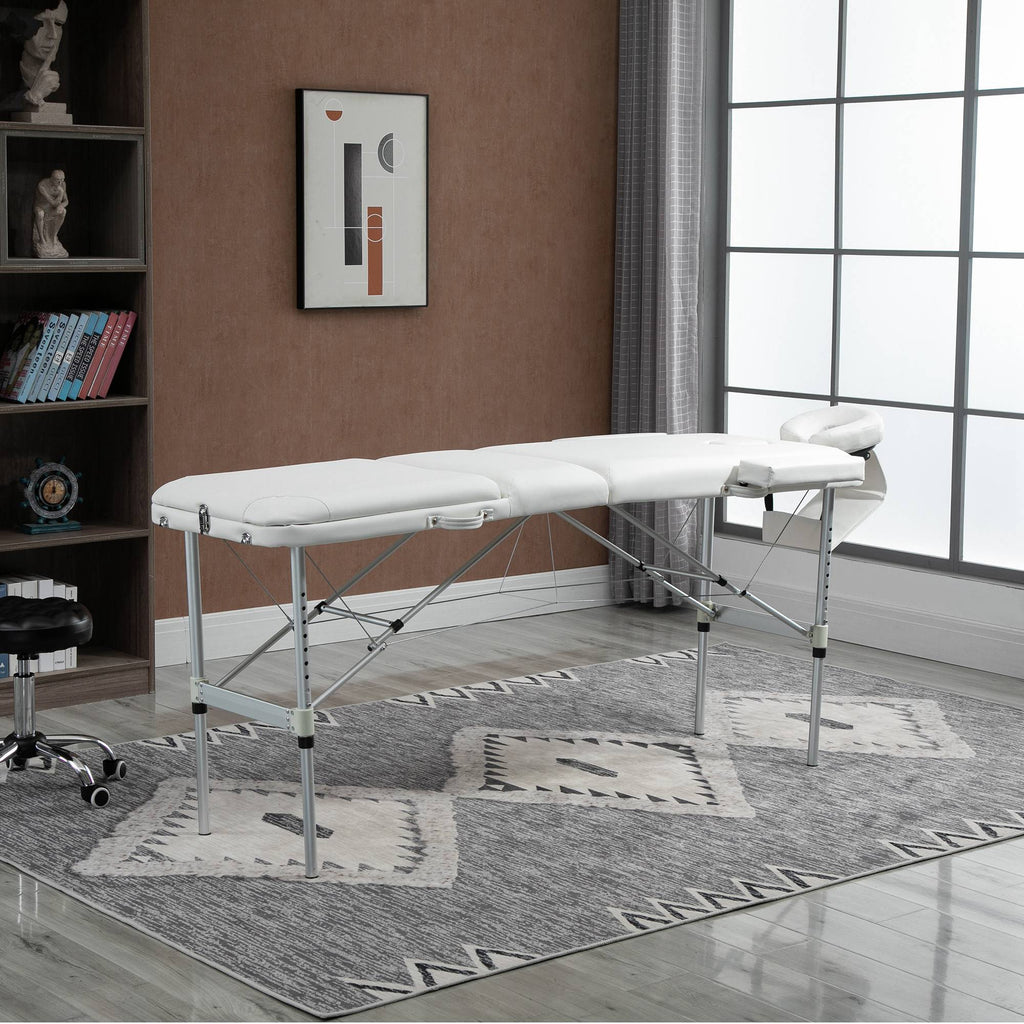 Mobile Massageliege 3 Zonen Klappbar Massagetisch mit Kopfstütze Armlehne Tragetasche höhenverstellbare Aluminium Massagebett tragbar inkl. Zubehör Massagebank bis 225 kg Belast Weiß