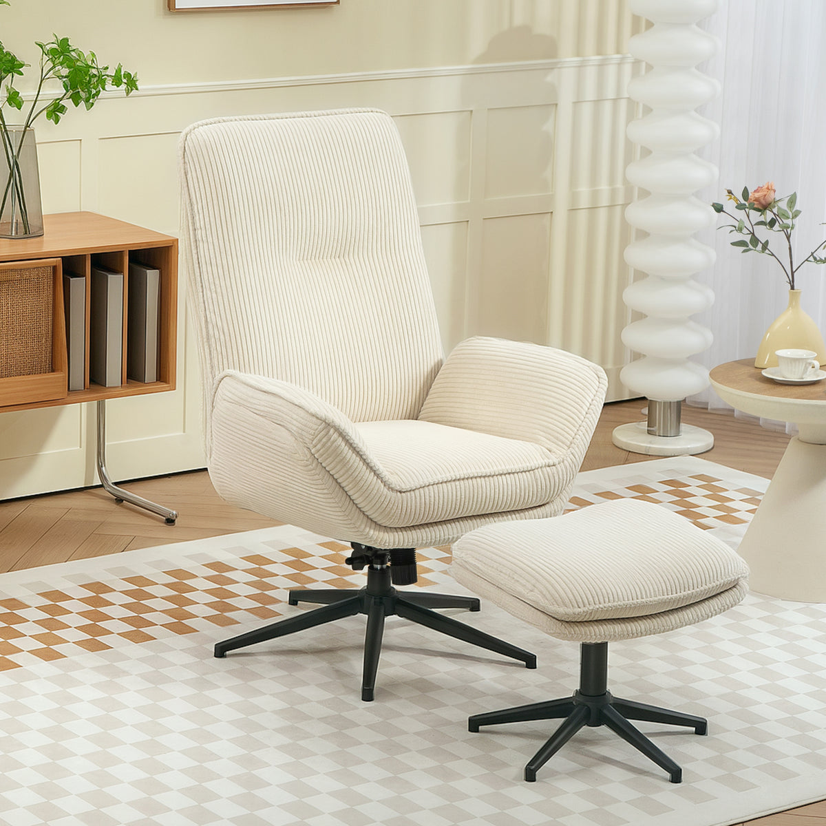 Drehbarer Polstersessel mit Fußhocker, Moderner Recliner-Sessel für Wohnzimmer, Schlafzimmer, Homeoffice, Beige