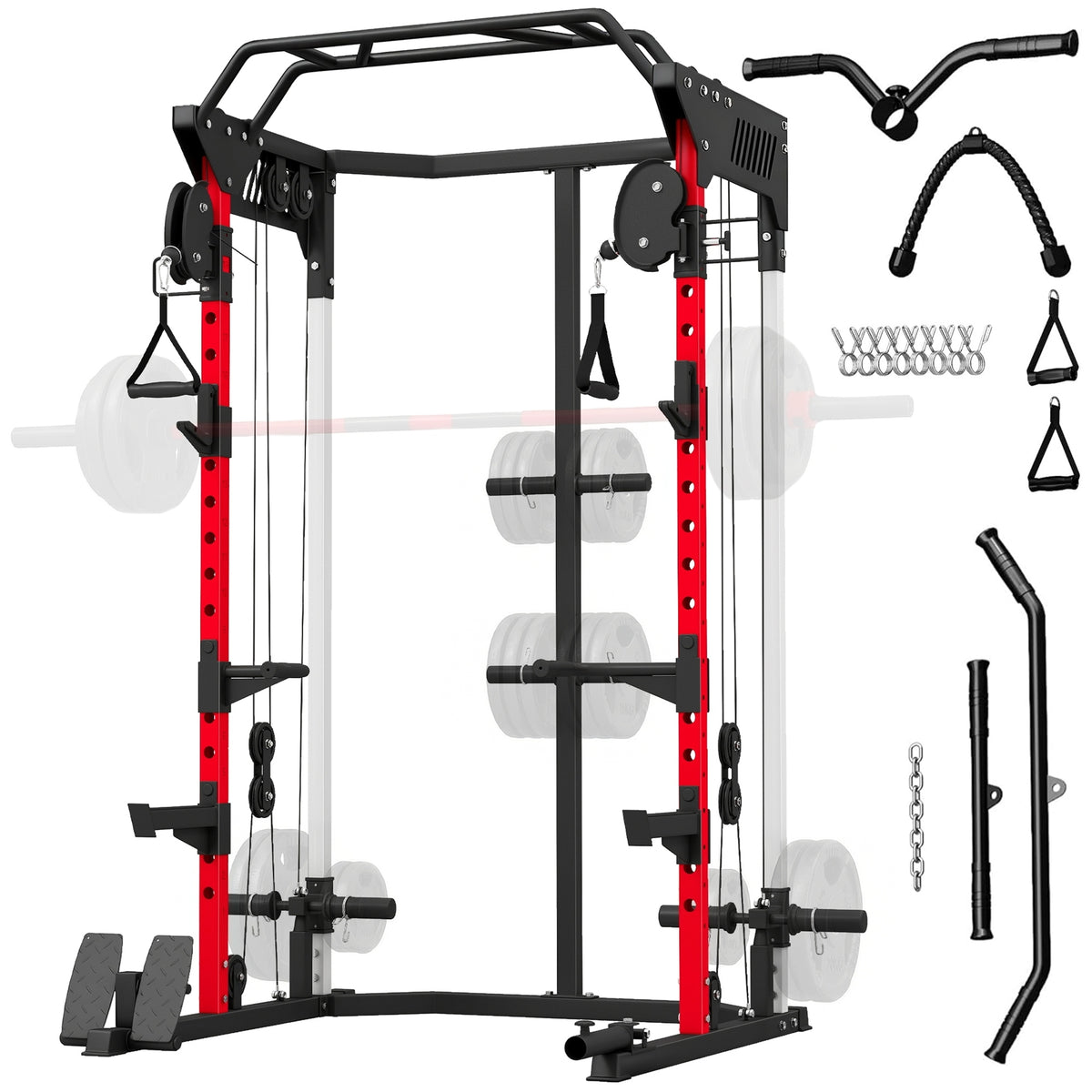 Power Cage, Power Rack with Adjustable Cable Pulley System, Pull-Up Bar, Dip Station, Landmine