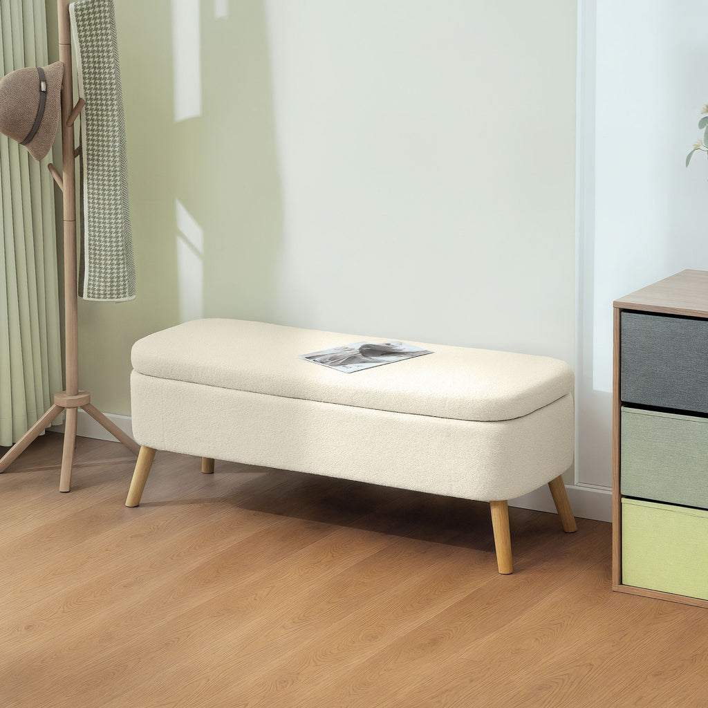 Aufbewahrungsbank, Sitzbank mit 65 L Stauraum, Teddy-Fleece-Stoff, Kautschukholz, 120 x 42 x 45 cm, Beige