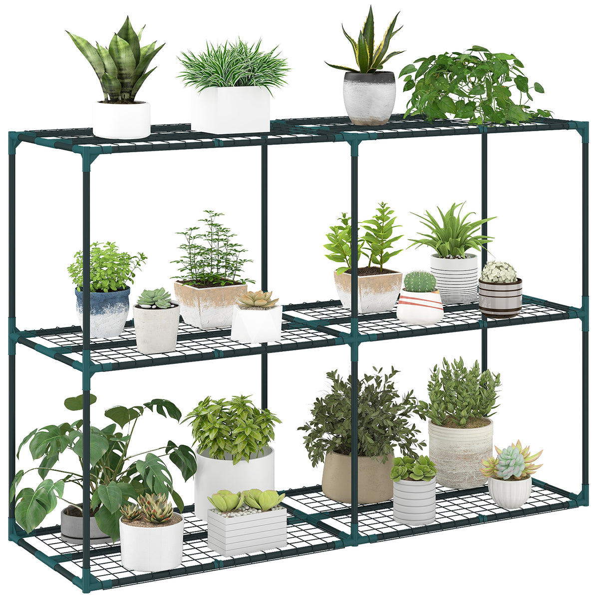 3-Etagen Pflanzenst?nder, 100 cm hoch Blumenst?nder mit Regalb?den, mehrst?ckig Stahl Dunkelgr¨¹n