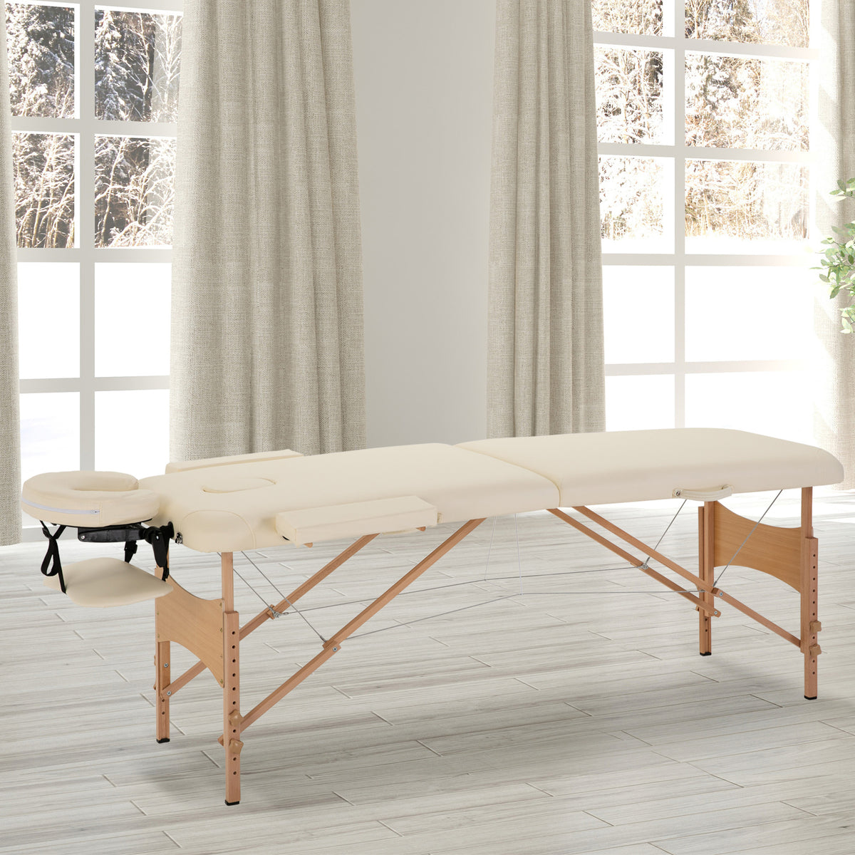 Portable Massage Bed, Folding Spa Beauty Massage Table with 2 Sections, Carry Bag and Wooden Frame, Cream