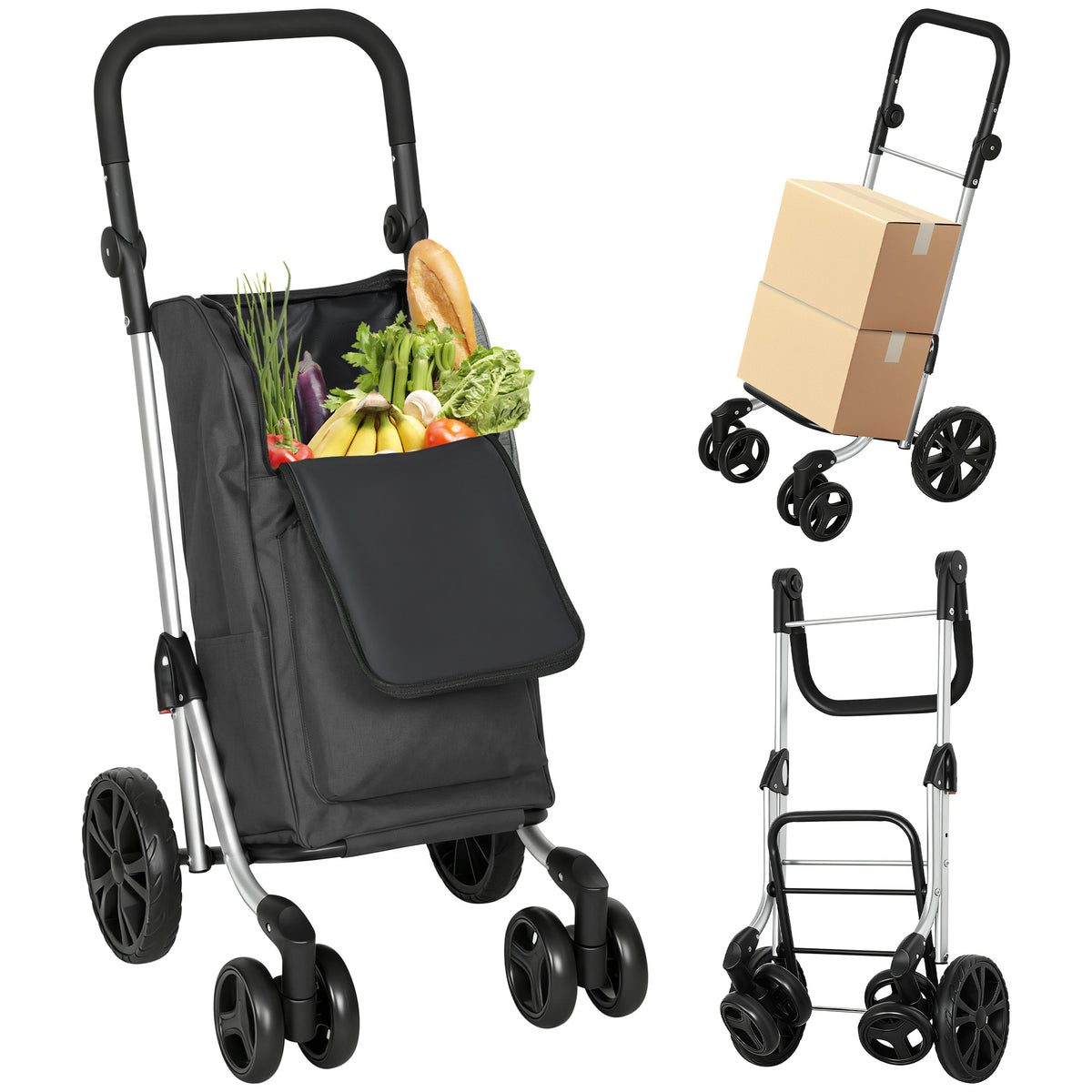Einkaufstrolley Klappbar mit Kühlfach, 6 Rädern, 46L, Dunkelgrau