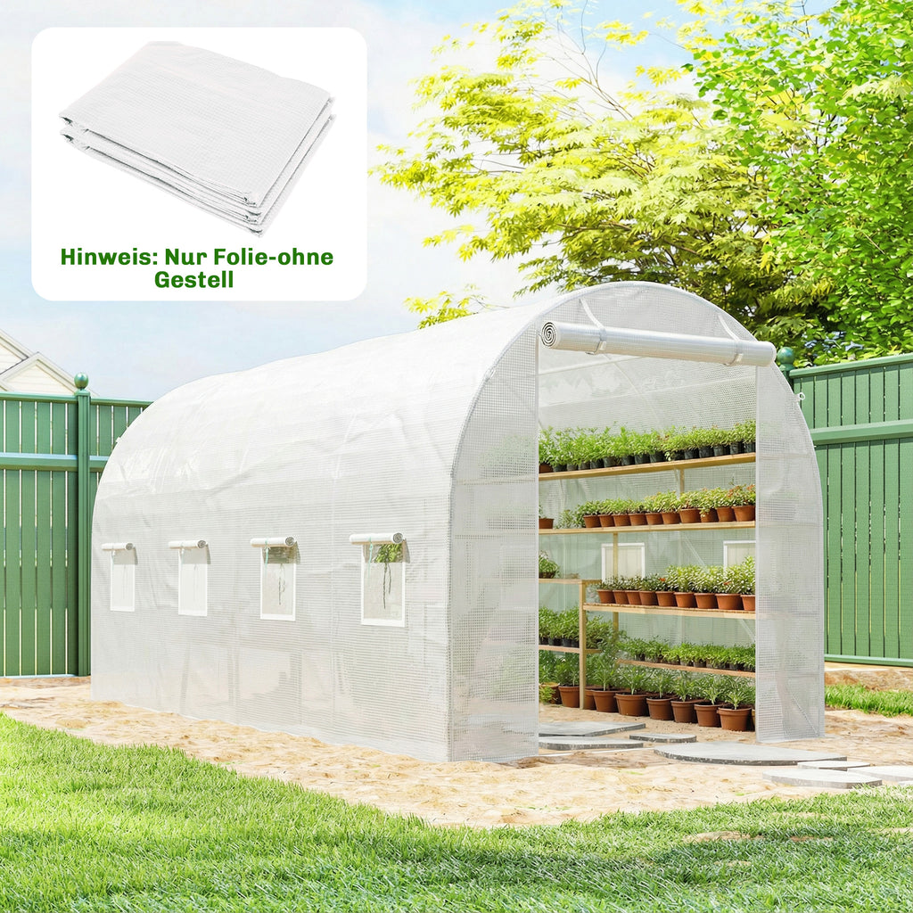 Gewächshausfolie 4 x 2 m, wasserdicht Gartenfolie mit Tür, 8 Fenster, UV Schutz, Reißfest Polyethylen NUR Folie Weiß