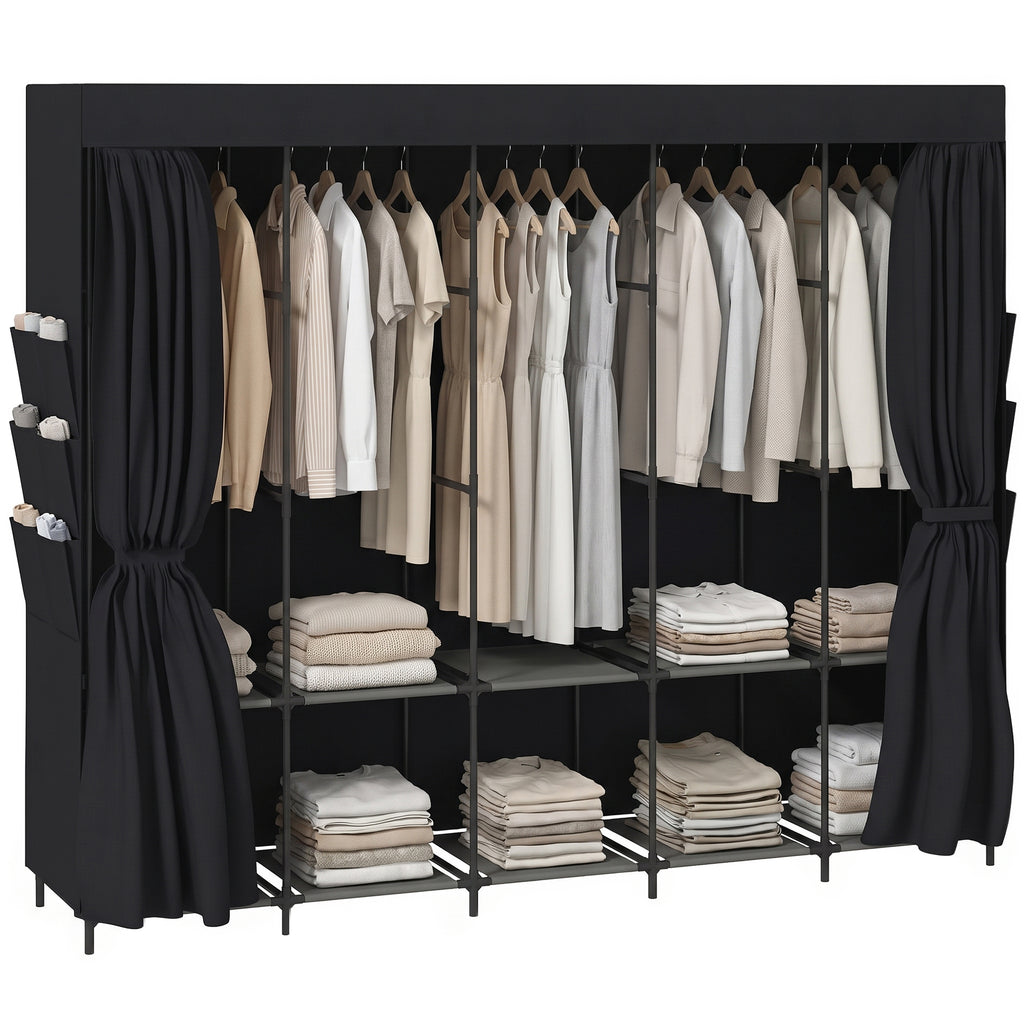 Stoff-Kleiderschrank, staubdicht, tragbar, 5 Kleiderstangen, 212 x 45 x 167 cm, Schwarz