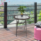  Folding Rattan Garden Dining Table, 68 cm Round Rattan Garden Table with Water Ripple Tempered Glass Top, Wicker Edging  and Steel Frame for Outdoor, Patio, Brown