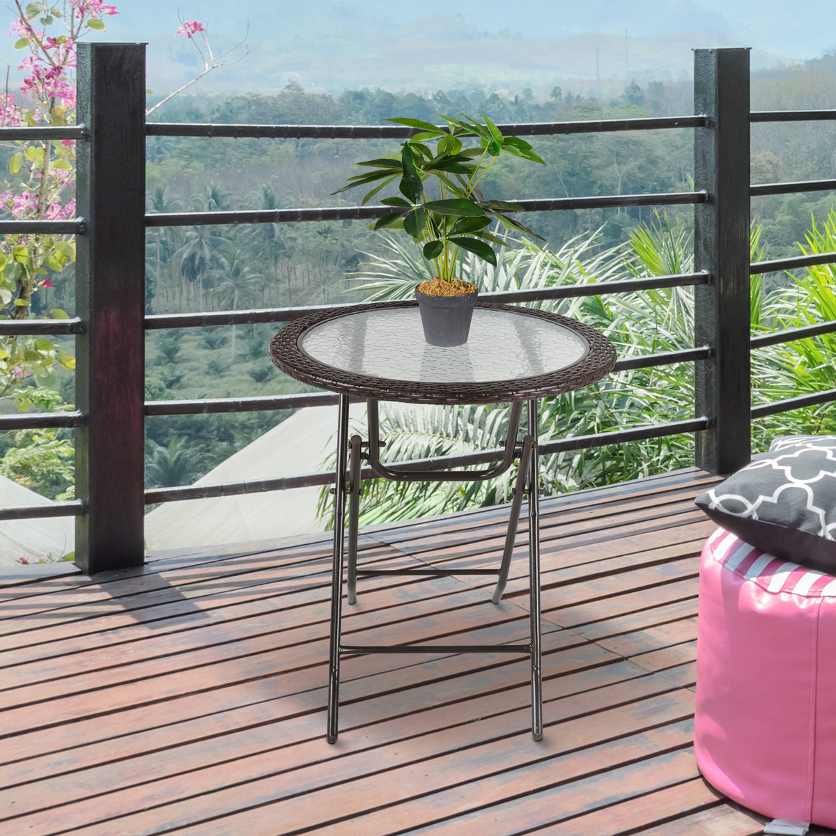  Folding Rattan Garden Dining Table, 68 cm Round Rattan Garden Table with Water Ripple Tempered Glass Top, Wicker Edging  and Steel Frame for Outdoor, Patio, Brown