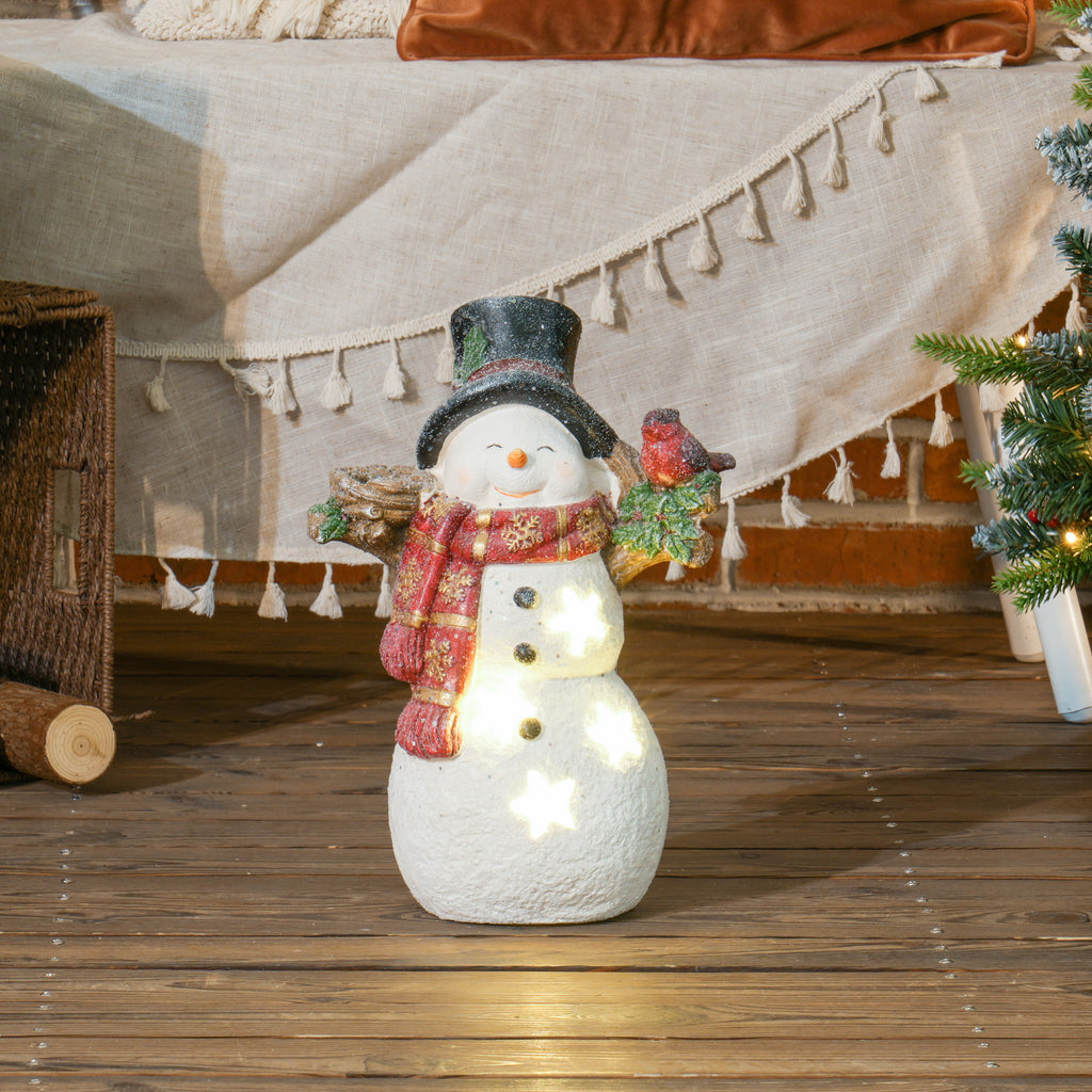 Weihnachtsdeko, Schneemann mit Vogel, 4 warmweiße LEDs, batteriebetrieben, 25 x 15,5 x 38 cm