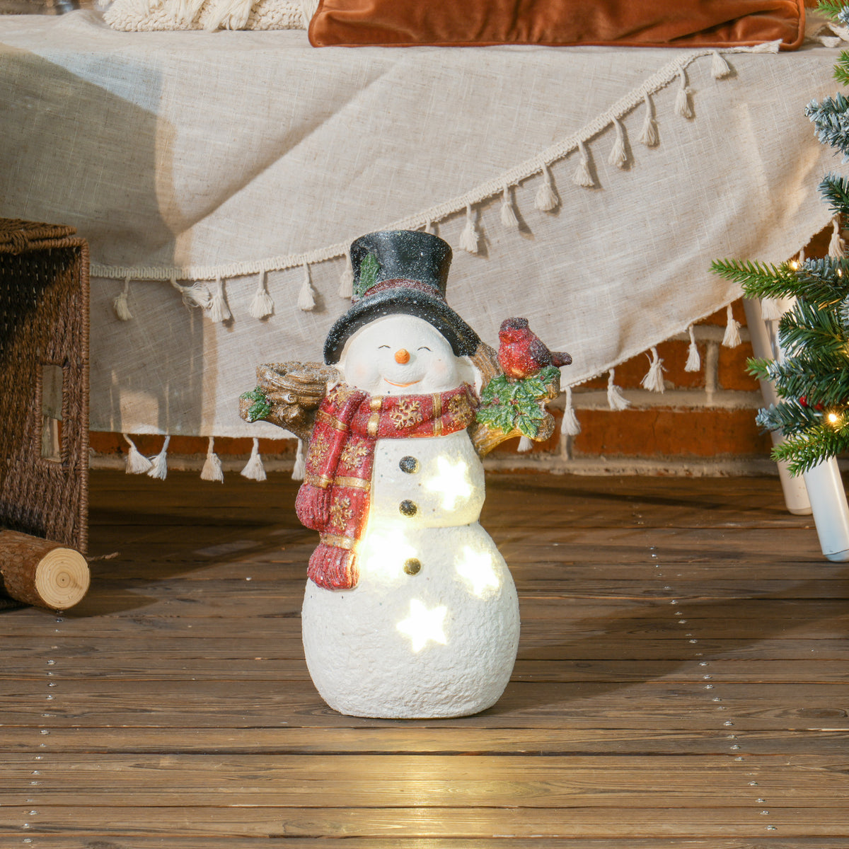 Weihnachtsdeko, Schneemann mit Vogel, 4 warmweiße LEDs, batteriebetrieben, 25 x 15,5 x 38 cm