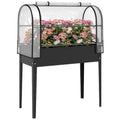 Raised Planter with Flip-Up Greenhouse Cover, Metal Raised Garden Bed on Legs with Drainage Hole, Black