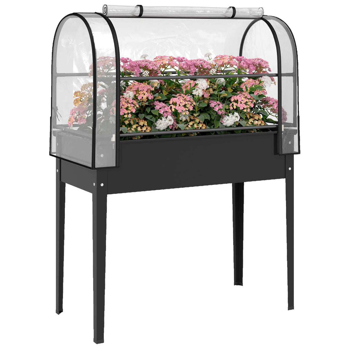 Raised Planter with Flip-Up Greenhouse Cover, Metal Raised Garden Bed on Legs with Drainage Hole, Black