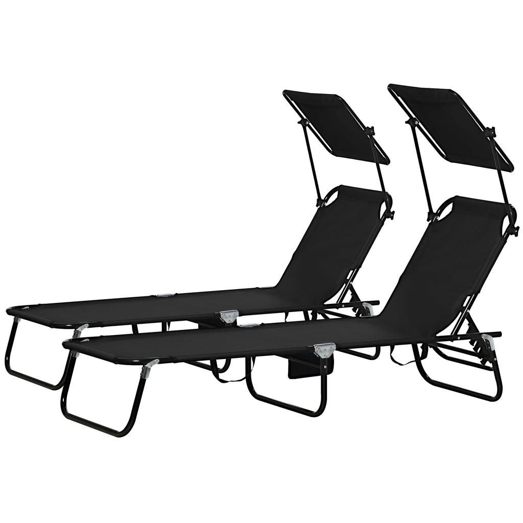 Set of Two Folding Sun Loungers, with Adjustable Backs and Sun Canopies - Black