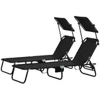 Set of Two Folding Sun Loungers, with Adjustable Backs and Sun Canopies - Black
