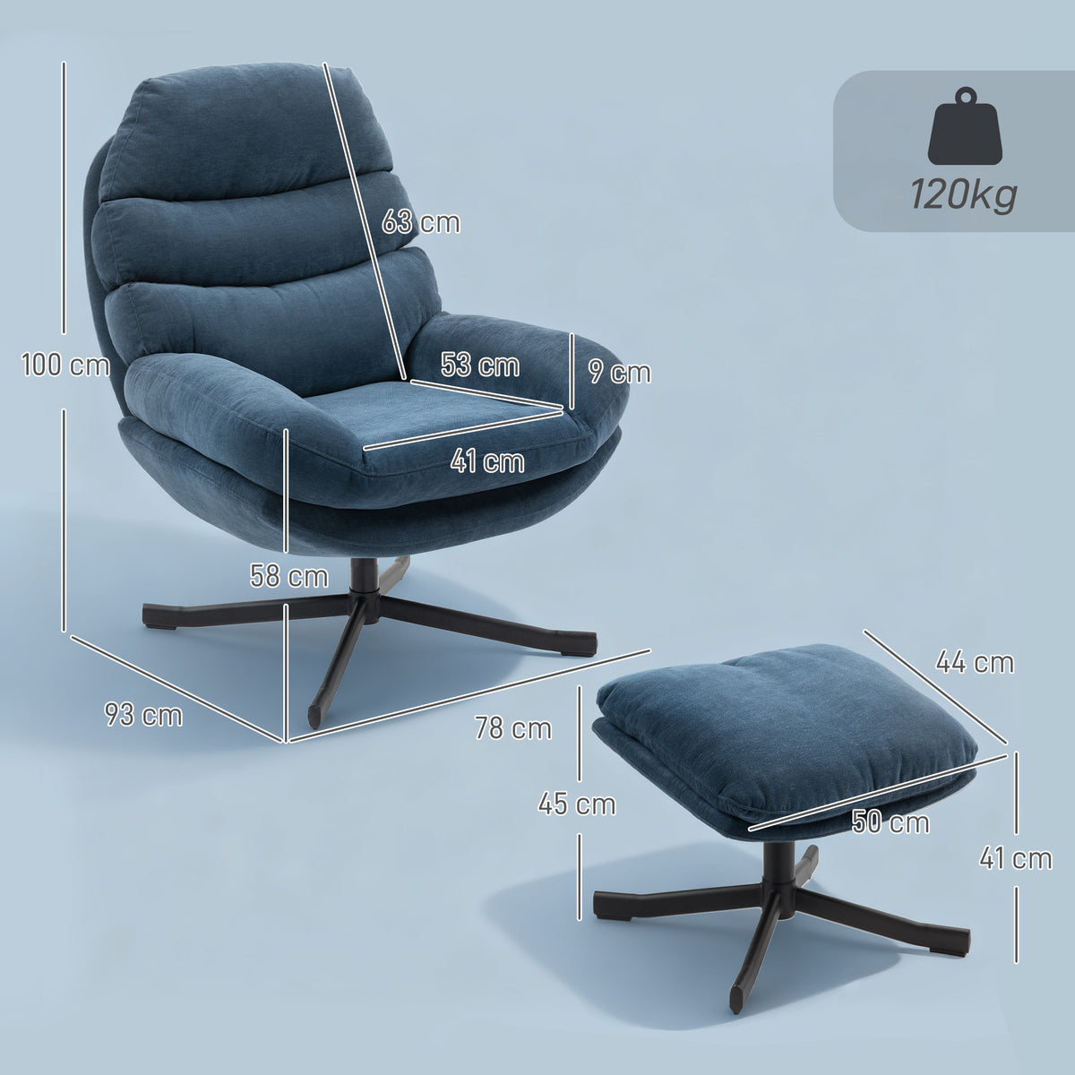 Relaxsessel mit Hocker Sessel Loungesessel mit Chenille-Stoff, Modern Fernsehsessel, 78 x 93 x 100 cm, Blau
