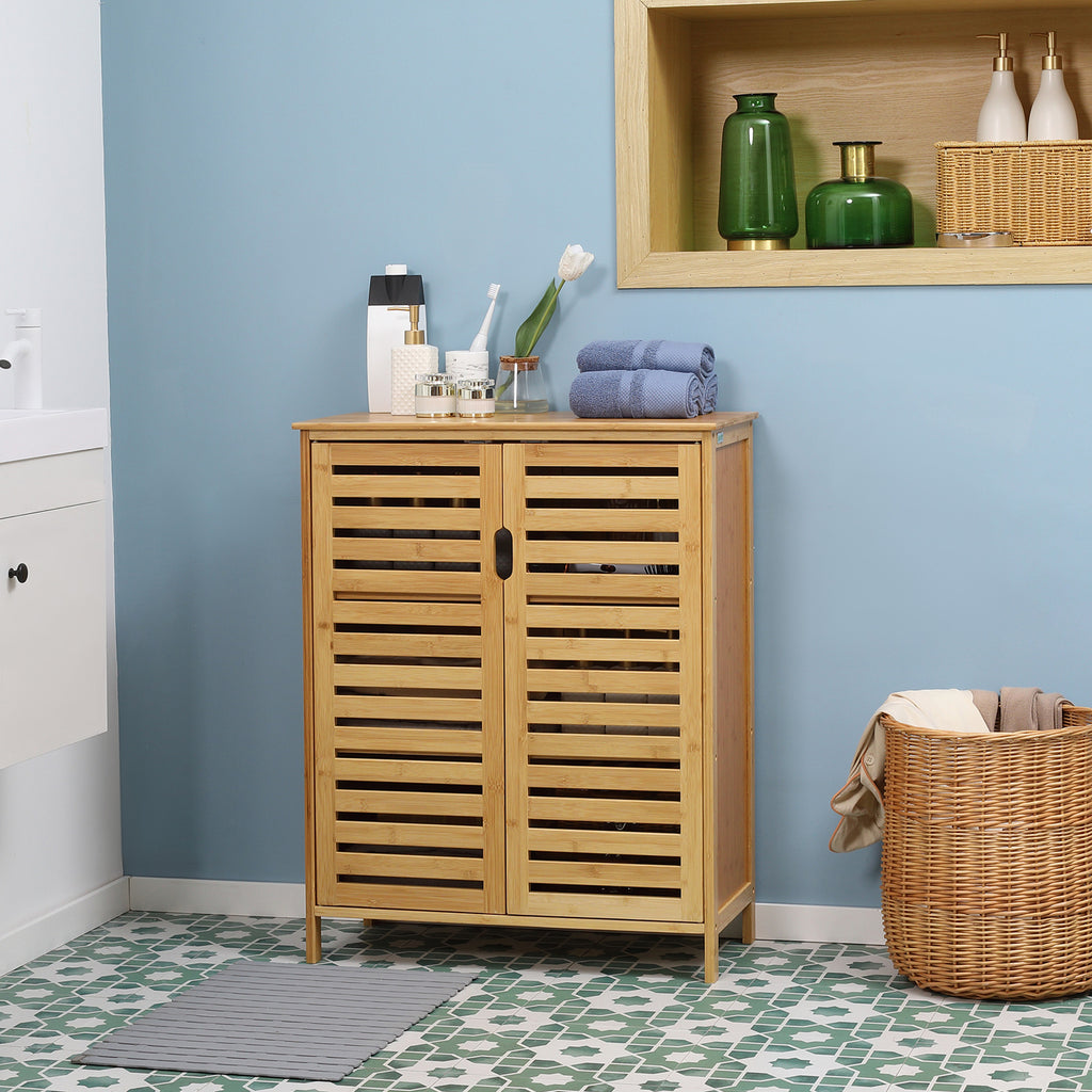 Badezimmerschrank, Bambusschrank mit Lamellendesign f¨¹r Badezimmer, Flur, kompakte Gr??e, viel Stauraum, Naturholz