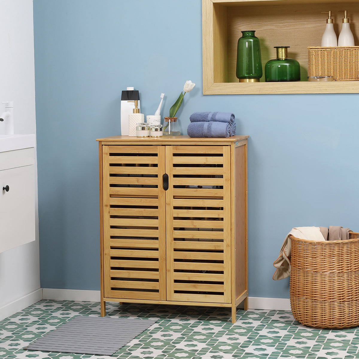 Badezimmerschrank, Bambusschrank mit Lamellendesign f¨¹r Badezimmer, Flur, kompakte Gr??e, viel Stauraum, Naturholz