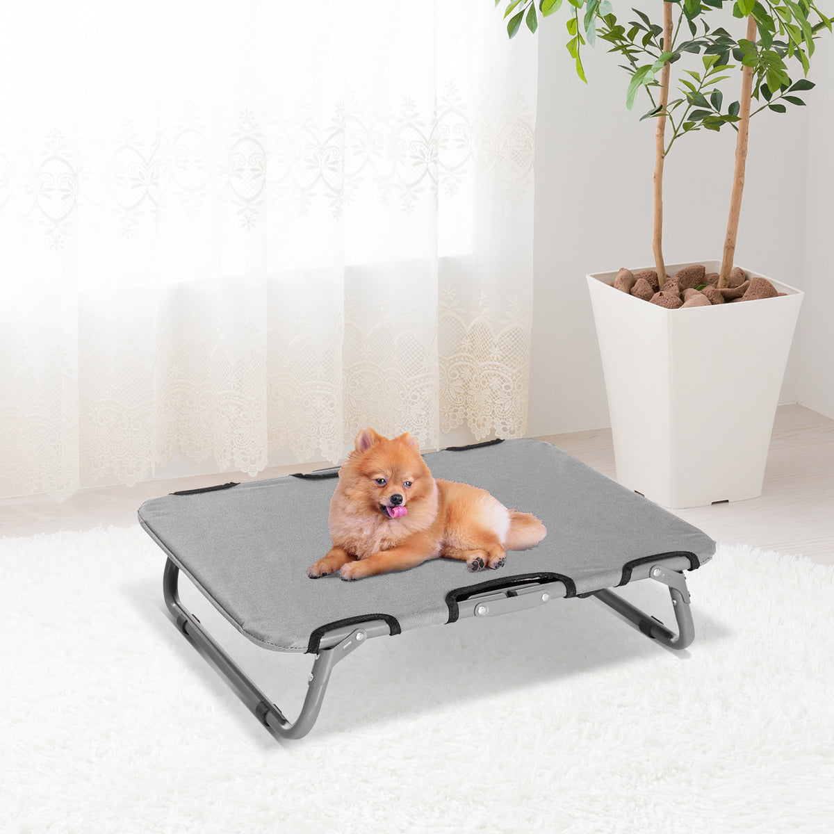Hundeliege Outdoor, klappbar Erhöhtes Hundebett für kleine Hunde, Kühlendes Haustierliege mit Stahlrahmen, Haustierbett für Draußen Camping, 59 x 46 x 15 cm, Grau