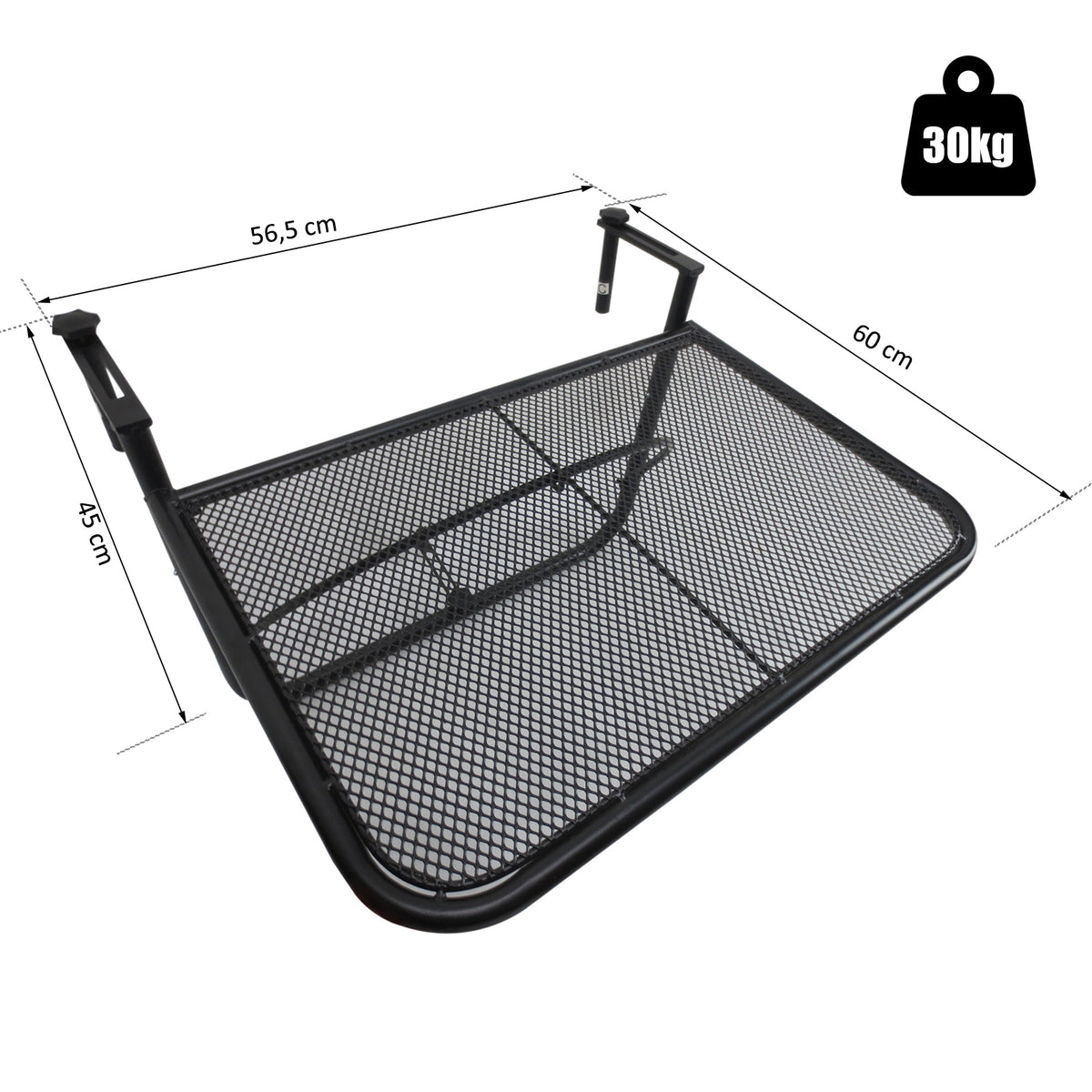 Balkonhängetisch 3-fach höhenverstellbarer Hängetisch aus Metall wetterfest Balkontisch Beistelltisch für Balkongeländer Terrassengeländer Tisch zum Einhängen 60 x 56 cm, Schwarz