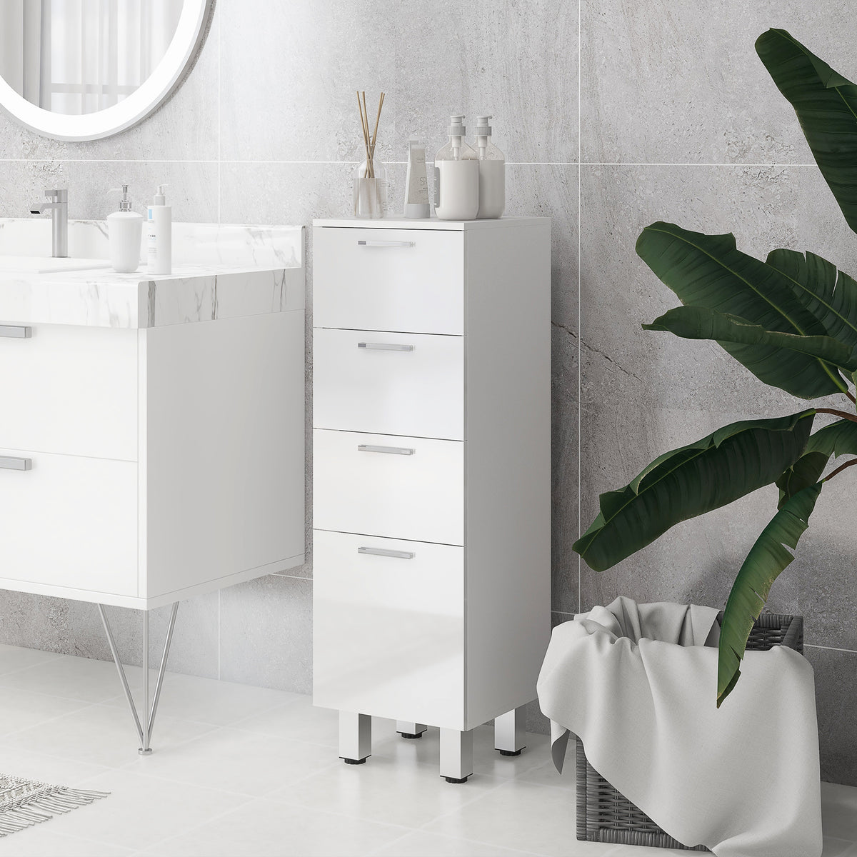 Badezimmerschrank, Badschrank, 4 Schubladen, Spanplatte, glatt, Wei?