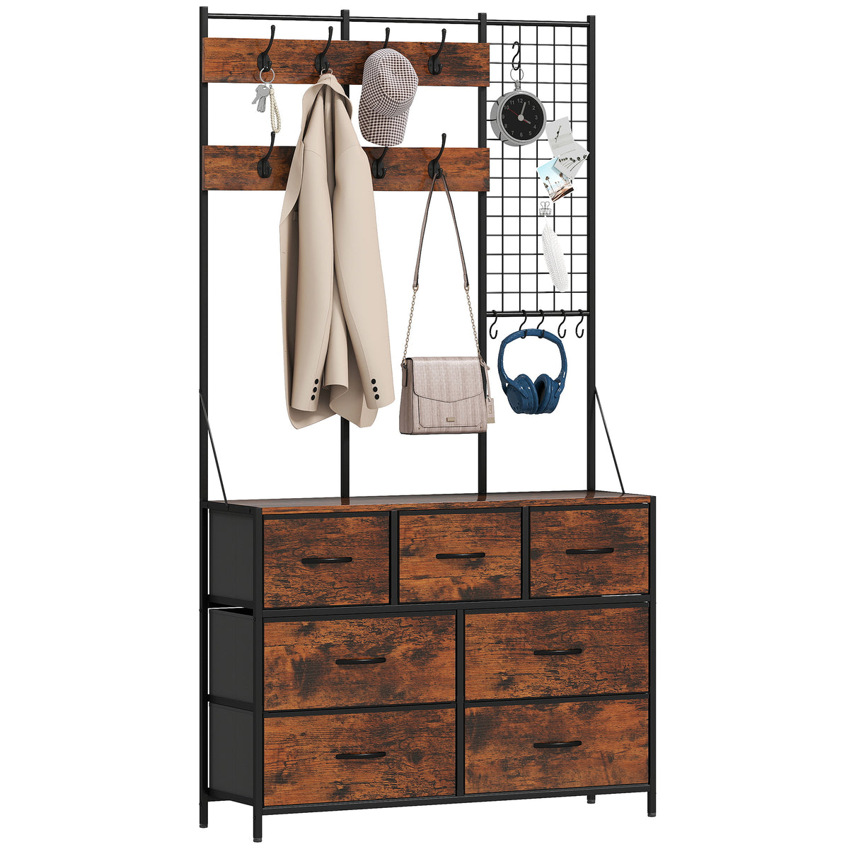 Garderobenständer, Kleiderständer mit Stoff-Schublade, 14 Haken für Flur, Schlafzimmer, Rustikal-Braun, Höhe 183 cm
