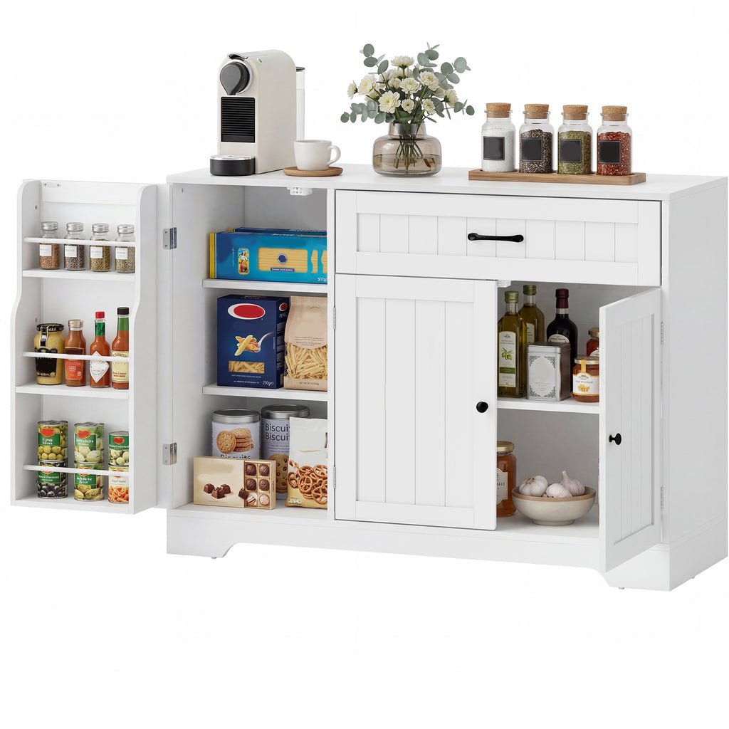 Modernes Küchen-Sideboard mit Schublade, verstellbaren Regalen, kleine Küchen-Vorratskammer mit Türfächern, Weiß