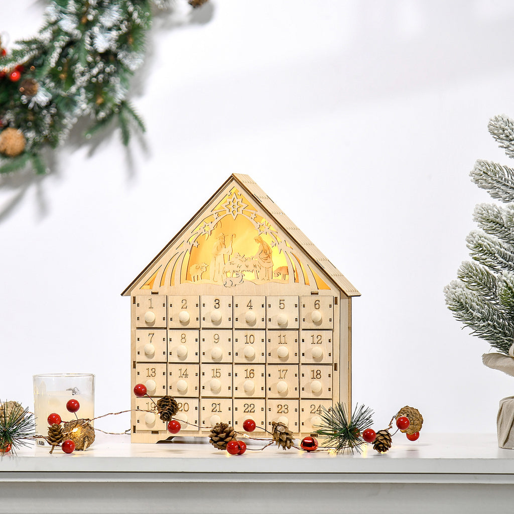 Adventskalender mit LED-Beleuchtung, 24 Schubladen, Krippenszene, 26,6x6x30 cm, Holzoptik