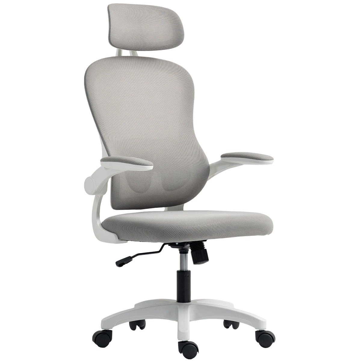 Ergonomischer B¨¹rostuhl mit Netzstoff-R¨¹ckenlehne, h?henverstellbar, klappbare Armlehnen, 5 Rollen, Wippfunktion, Grau