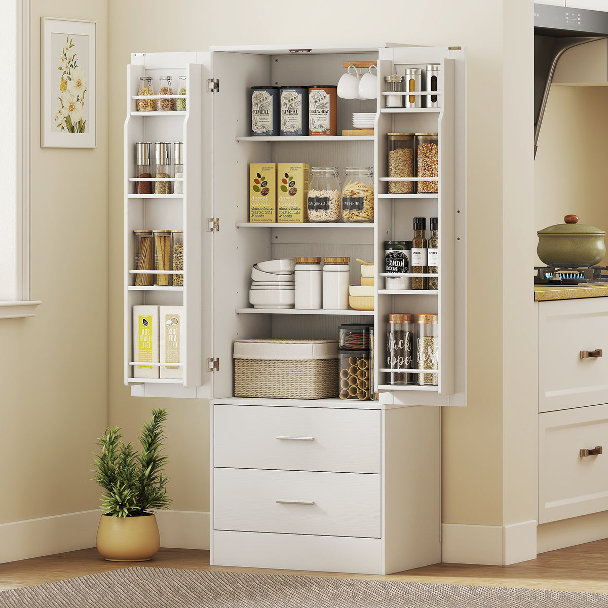159 cm K¨¹chenschrank, verstellbare Regale, 2 Schublade, f¨¹r K¨¹che, Esszimmer, Spanplatte, MDF, Wei?