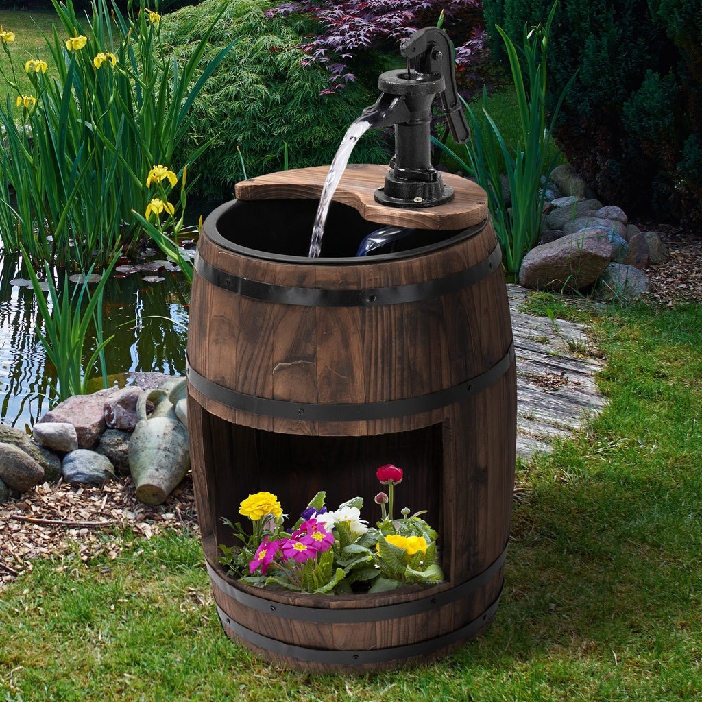 Gartenbrunnen Zierbrunnen Springbrunnen Fassbrunnen Wasserfall Holzfass mit Pflanzgefäß Tannenholz Dunkelbraun Ø27 x 59 cm