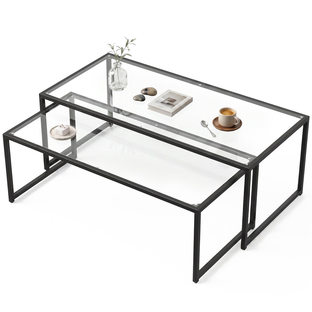 2er-Set Couchtische, Glastische, mit pulverbeschichtetem Stahl, Schwarz + Transparent