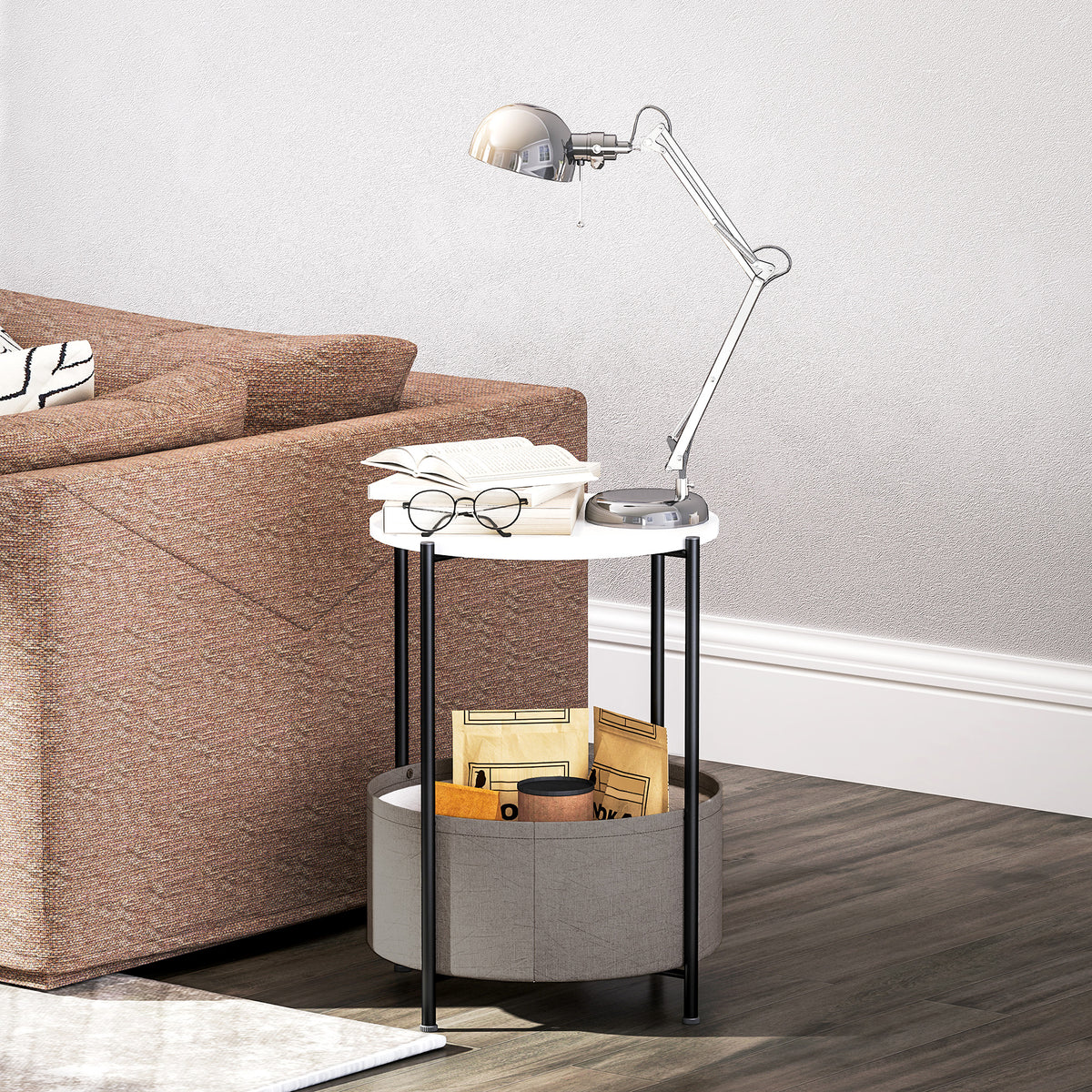 Runder Beistelltisch mit Stoffkorb, 2-stufiger Kaffeetisch f¨¹r Wohnzimmer, Schlafzimmer, kleine R?ume, Metall, Grau+Wei?