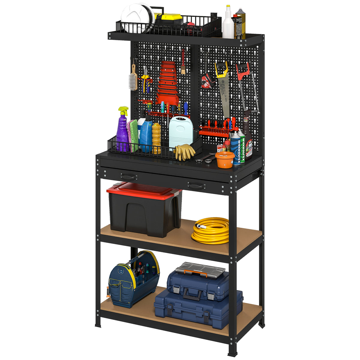 Werkbank 80 x 40,5 x 155 cm Werkzeugbank mit Lochwand, Haken, Schublade, 2 Ablagen f¨¹r Werkstatt Schwarz