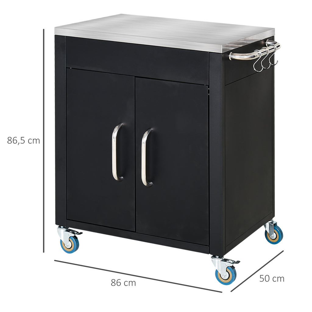 Küchenwagen mit Rollen, Servierwagen, Rollwagen mit Schrank, Haken und Edelstahlgriffe, Küchenhilfe, BBQ Grilltisch aus Edelstahl Küchentrolley, 86 x 50 x 86,5 cm Schwarz