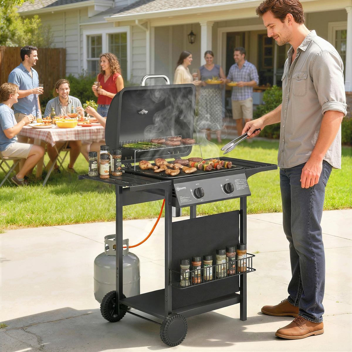 Gasgrill 5 KW 2 Brenner BBQ Grillwagen Edelstahl inkl Seitentisch Unterkorb Frontabdeckung Thermometer Emaille-Grillrost