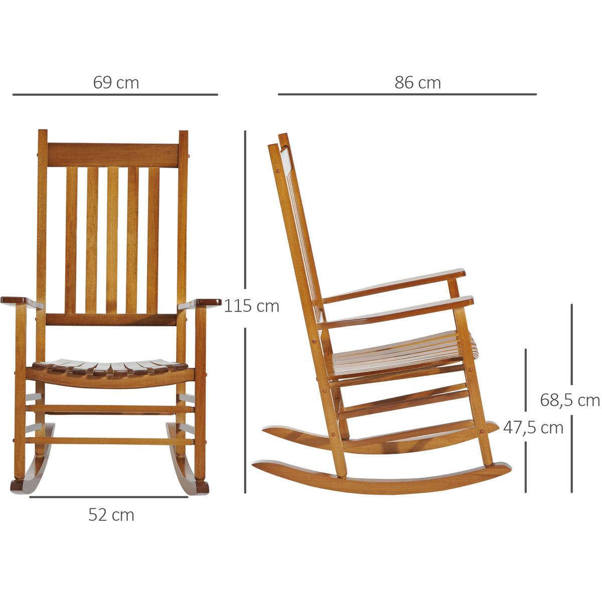 Schaukelstuhl aus Holz mit Armlehne Schwingsessel Relaxstuhl Gartenstuhl Natur 69 x 86 x 115 cm