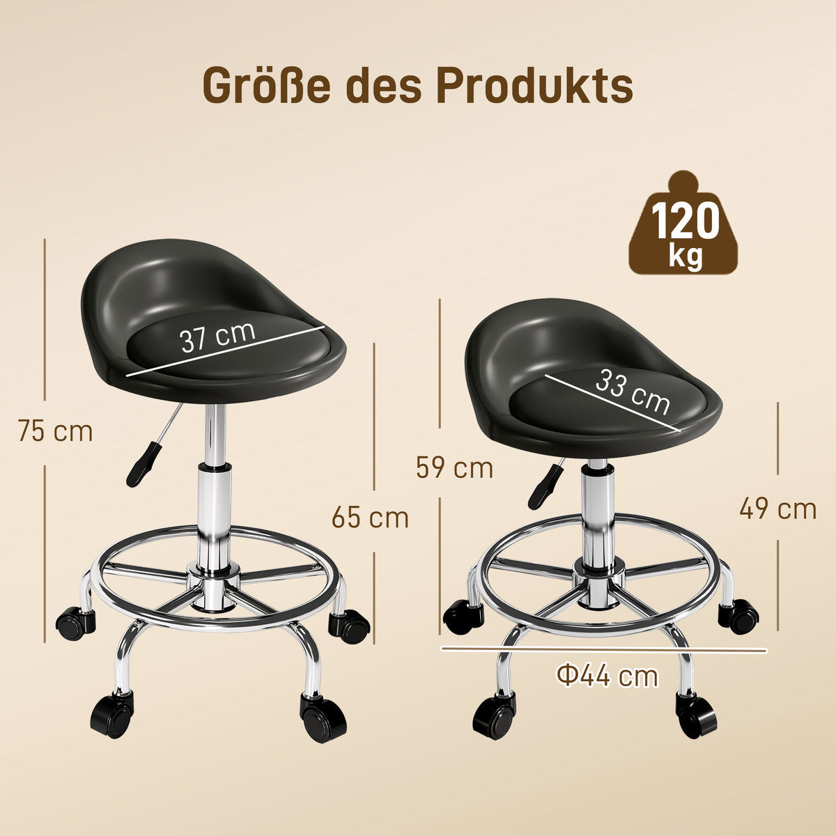 Rollhocker höhenverstellbar mit Rückenlehne Drehhocker 59-75 cm Arbeitshocker 360° drehbar Schwarz