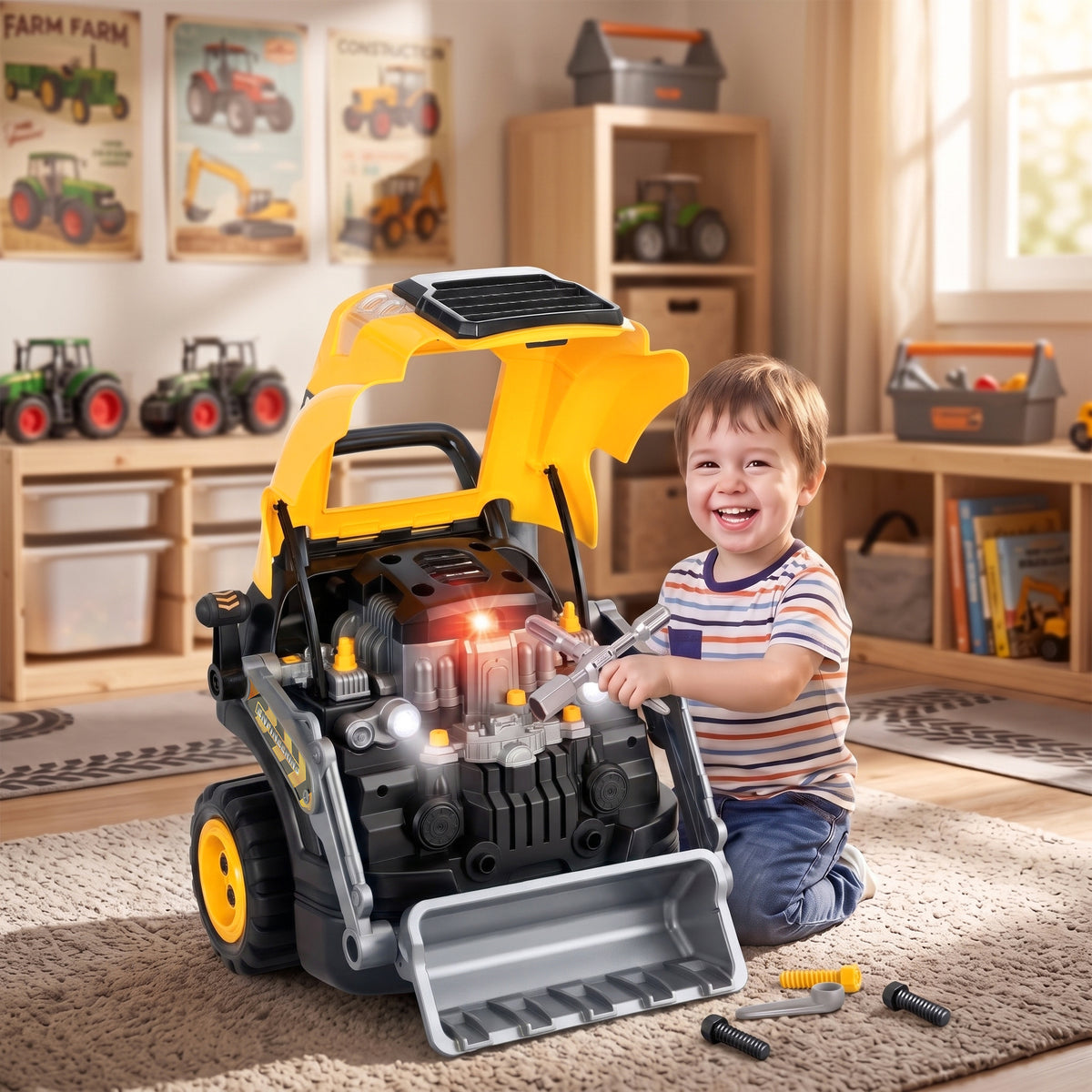 Kids Truck Engine Toy, Excavator Toy Steering Wheel with Spray, Lights and Sounds for 3-6 Years Boys Girls, Yellow