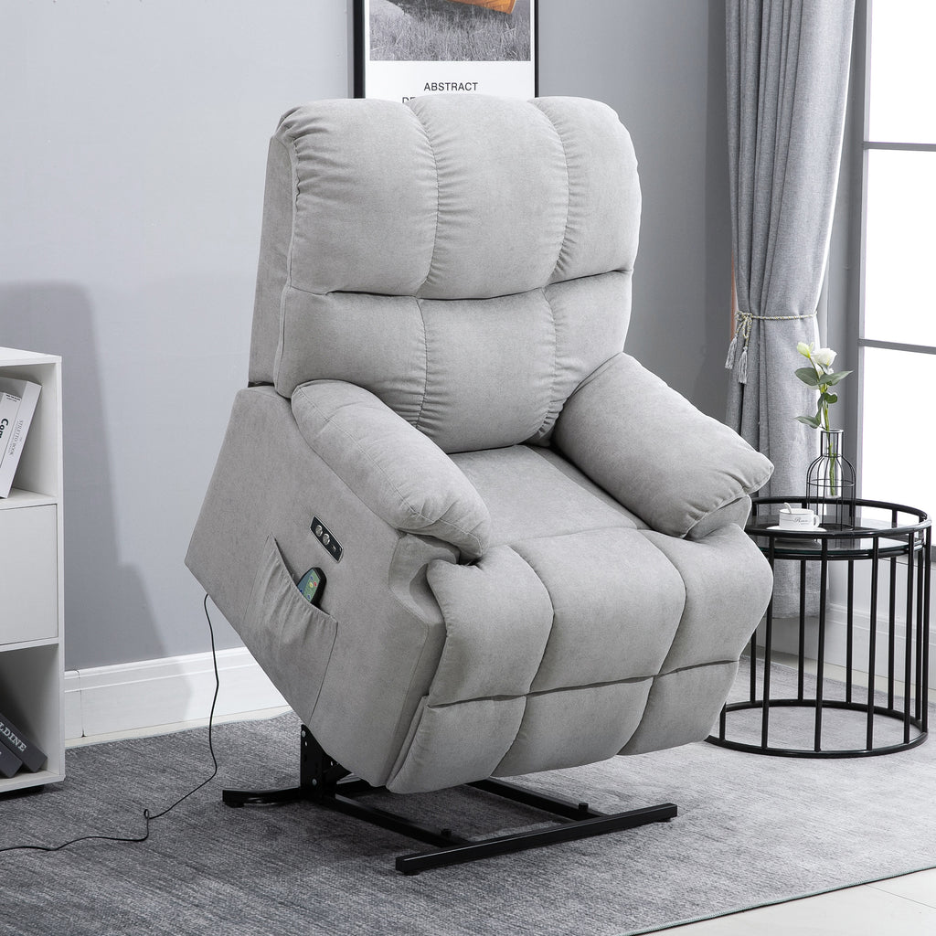 Sessel mit Aufstehhilfe, Massagesessel, Relaxsessel mit USB-Anschluss, Fernsehsessel mit Fernbedienung, Seitentasche, Neigebarer TV-Sessel mit Samtoptik, Grau