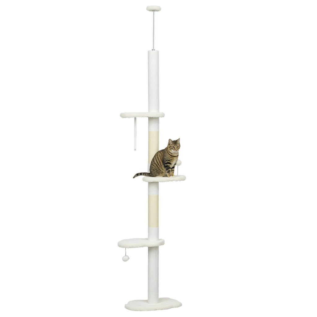 Deckenhoher Kratzbaum, variable Höhe 2,25-2,55 m, Sitzplattformen, Kippschutz, Spielbälle, weiß
