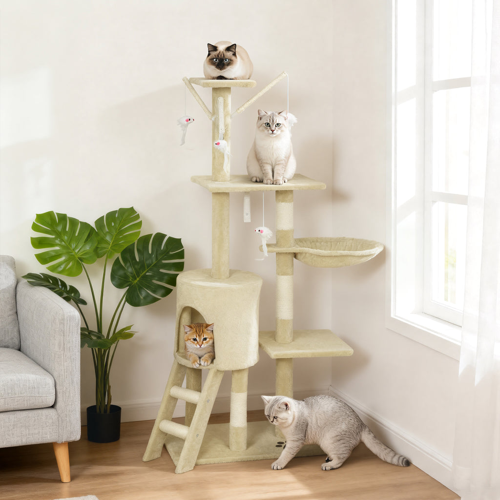 Multi-Level Cat Tower, 134cm Cat Tree with Condo and Sisal Scratching Posts for Indoor Kittens, Beige