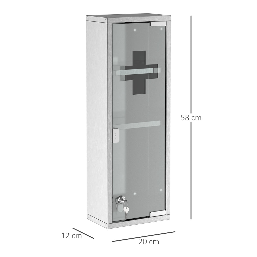 Medizinschrank aus Edelstahl und gehärtete Glastür Arzneischrank zur Medikamenten-Aufbewahrung, Abschließbar Medikamentenschrank mit 3 Fächern, Erste Hilfe Schrank, 20 x 12 x 58 cm, Silber