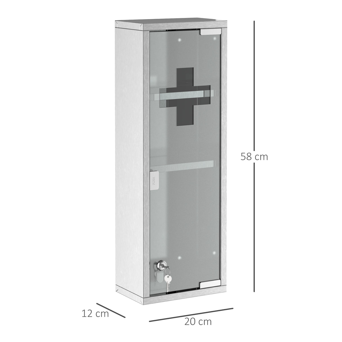 Medizinschrank aus Edelstahl und gehärtete Glastür Arzneischrank zur Medikamenten-Aufbewahrung, Abschließbar Medikamentenschrank mit 3 Fächern, Erste Hilfe Schrank, 20 x 12 x 58 cm, Silber