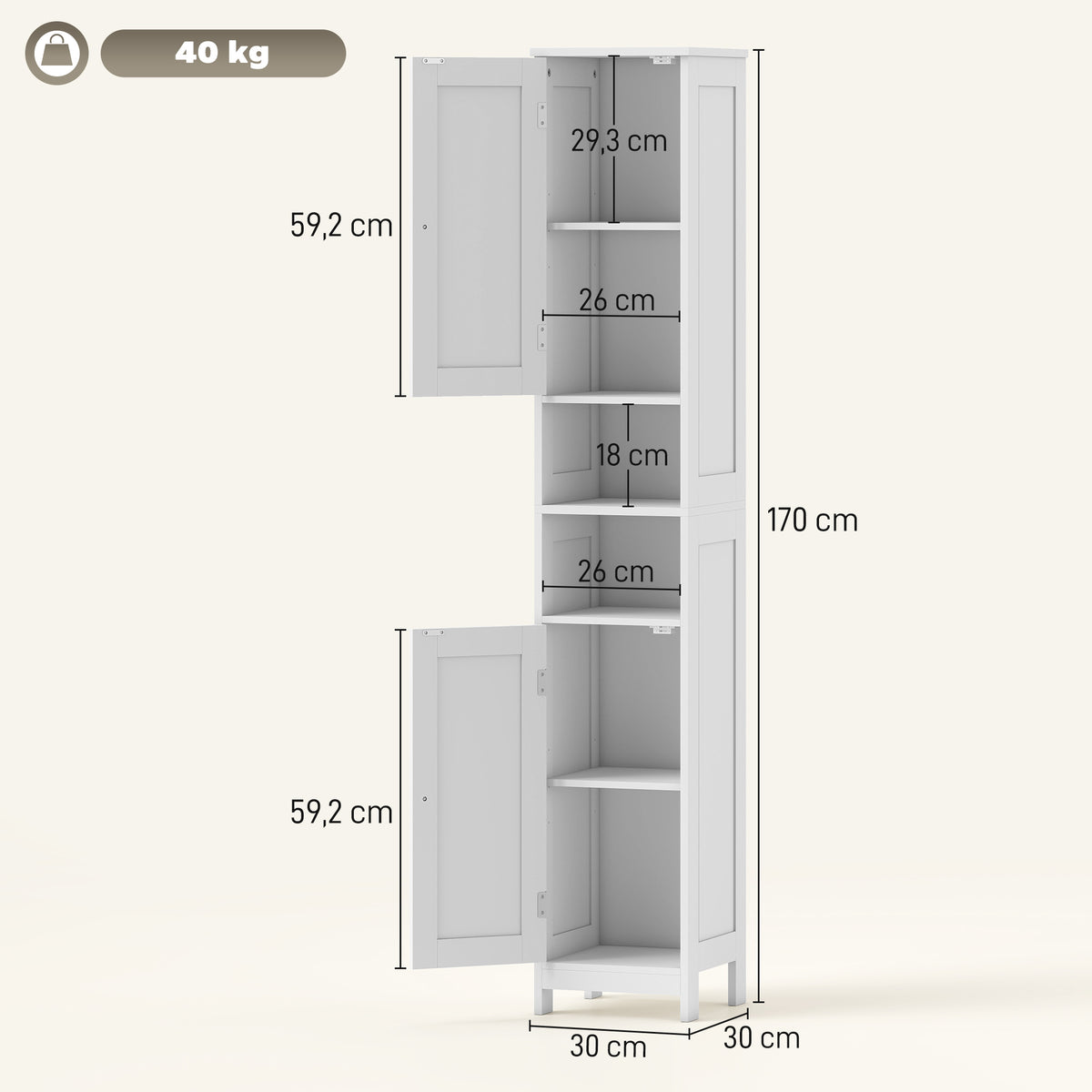 Hoher schlanker Badezimmerschrank mit T¨¹ren, offene Regale, 30 x 30 x 170 cm, Wei?